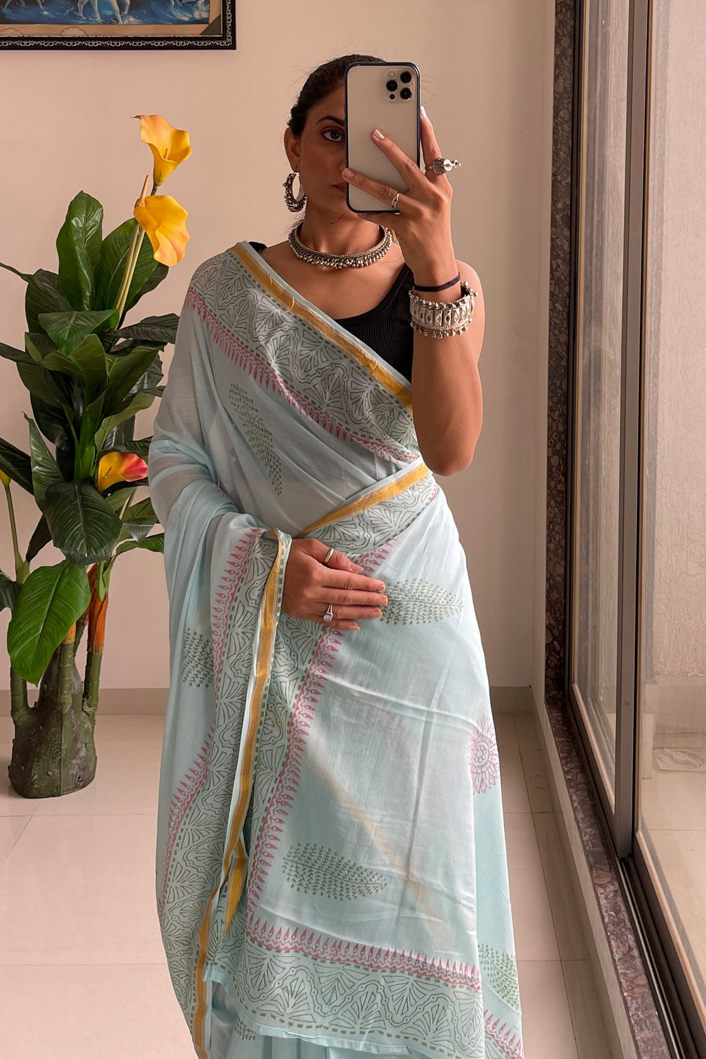 SELFI10 SOFT MASLIN COTTON WITH HEVY ZARI BODAR MINT GREEN SAREE