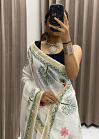 SELFI11 PRIMUM MAHESHWARI COTTON WITH ZARI BODAR PURE WHITE SAREE