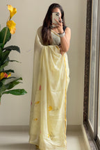 SELFI12 SOFT MASLIN COTTON WITH HEVY ZARI BODAR LIGHT YELLOW SAREE