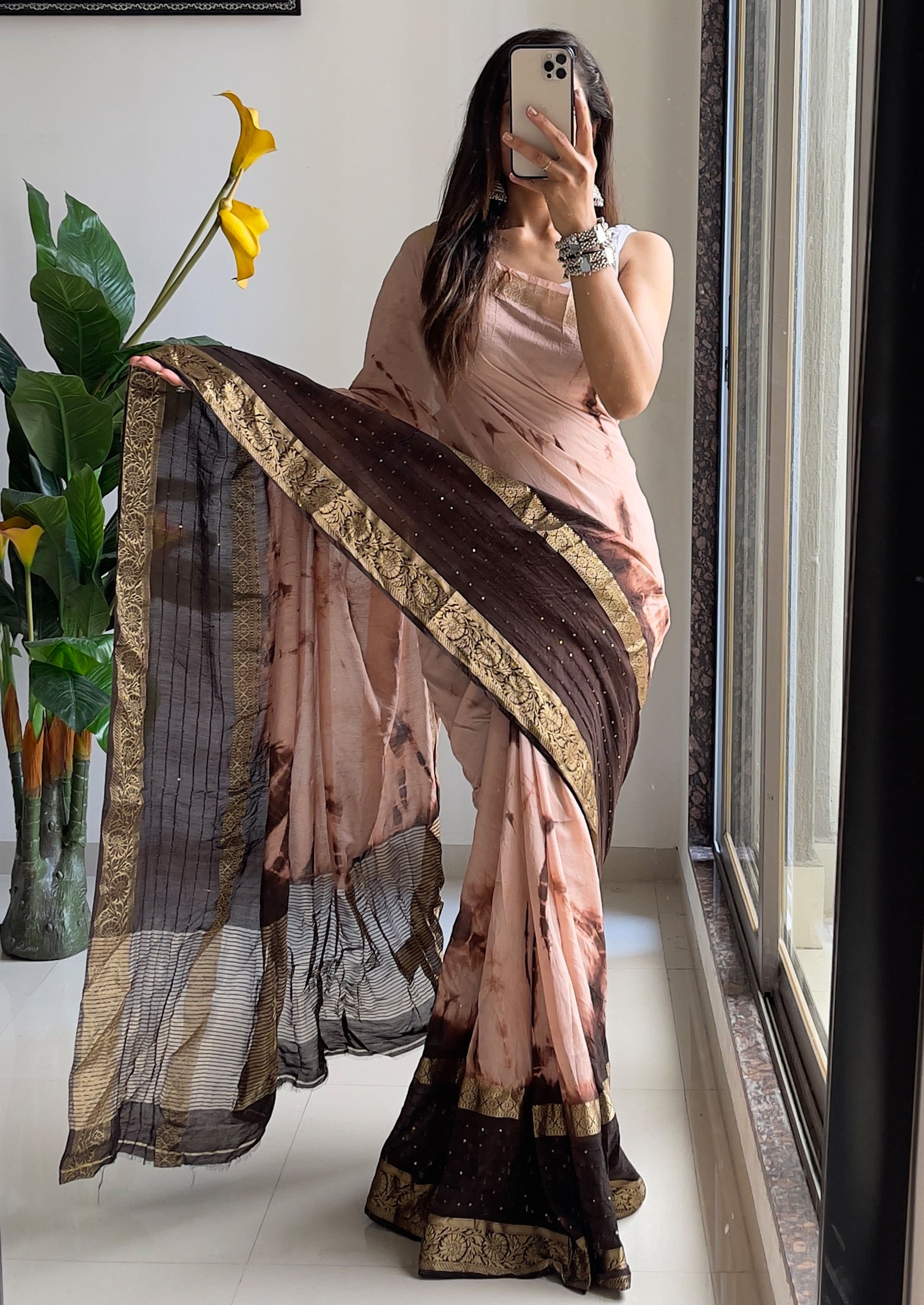 SELFI13 PRIMUM ASSAM SILK NECHRAL SOFT FANCY JACQUARD WITH SIKVANS BORDER DIMANDING WORK BEIGE SAREE