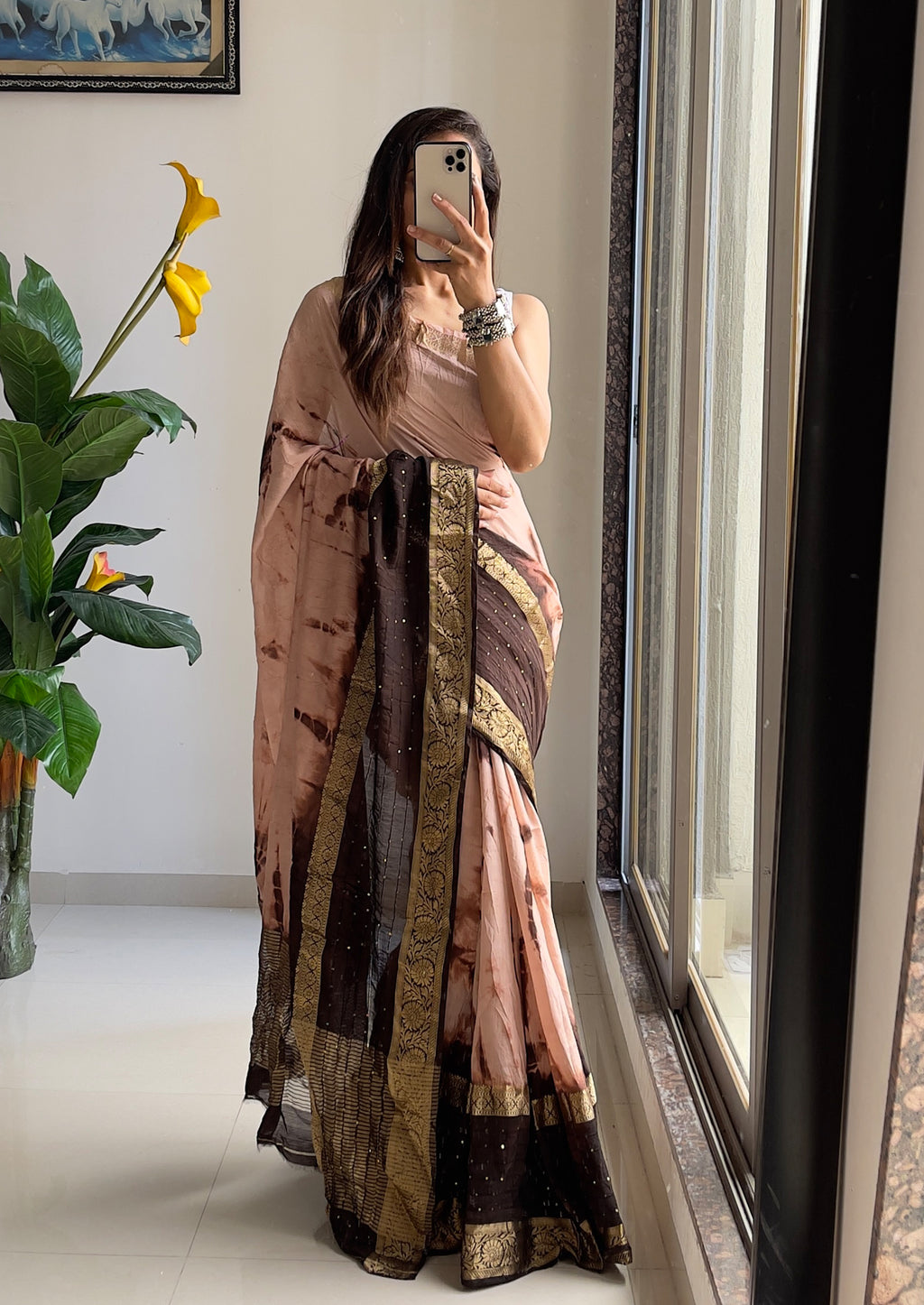 SELFI13 PRIMUM ASSAM SILK NECHRAL SOFT FANCY JACQUARD WITH SIKVANS BORDER DIMANDING WORK BEIGE SAREE