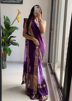 SELFI13 PRIMUM ASSAM SILK NECHRAL SOFT FANCY JACQUARD WITH SIKVANS BORDER DIMANDING WORK PURPLE SAREE
