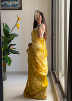 SELFI13 PRIMUM ASSAM SILK NECHRAL SOFT FANCY JACQUARD WITH SIKVANS BORDER DIMANDING WORK MUSTARD SAREE