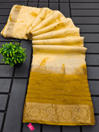 SELFI13 PRIMUM ASSAM SILK NECHRAL SOFT FANCY JACQUARD WITH SIKVANS BORDER DIMANDING WORK MUSTARD SAREE