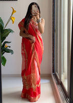 SELFI13 PRIMUM ASSAM SILK NECHRAL SOFT FANCY JACQUARD WITH SIKVANS BORDER DIMANDING WORK RED SAREE