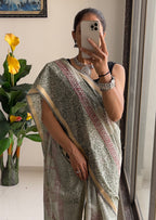 SELFI14 PRIMUM ORIGINAL LINEN WITH ZARI BODAR DARK GREEN SAREE