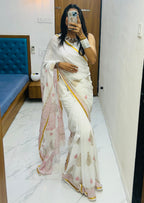 SELFI27 SOFT MASLIN COTTON WITH HEVY ZARI BODAR WHITE SAREE