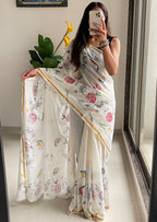 SELFI30 SOFT MASLIN COTTON WITH HEVY ZARI BODAR WHITE SAREE