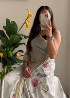 SELFI30 SOFT MASLIN COTTON WITH HEVY ZARI BODAR GREY SAREE