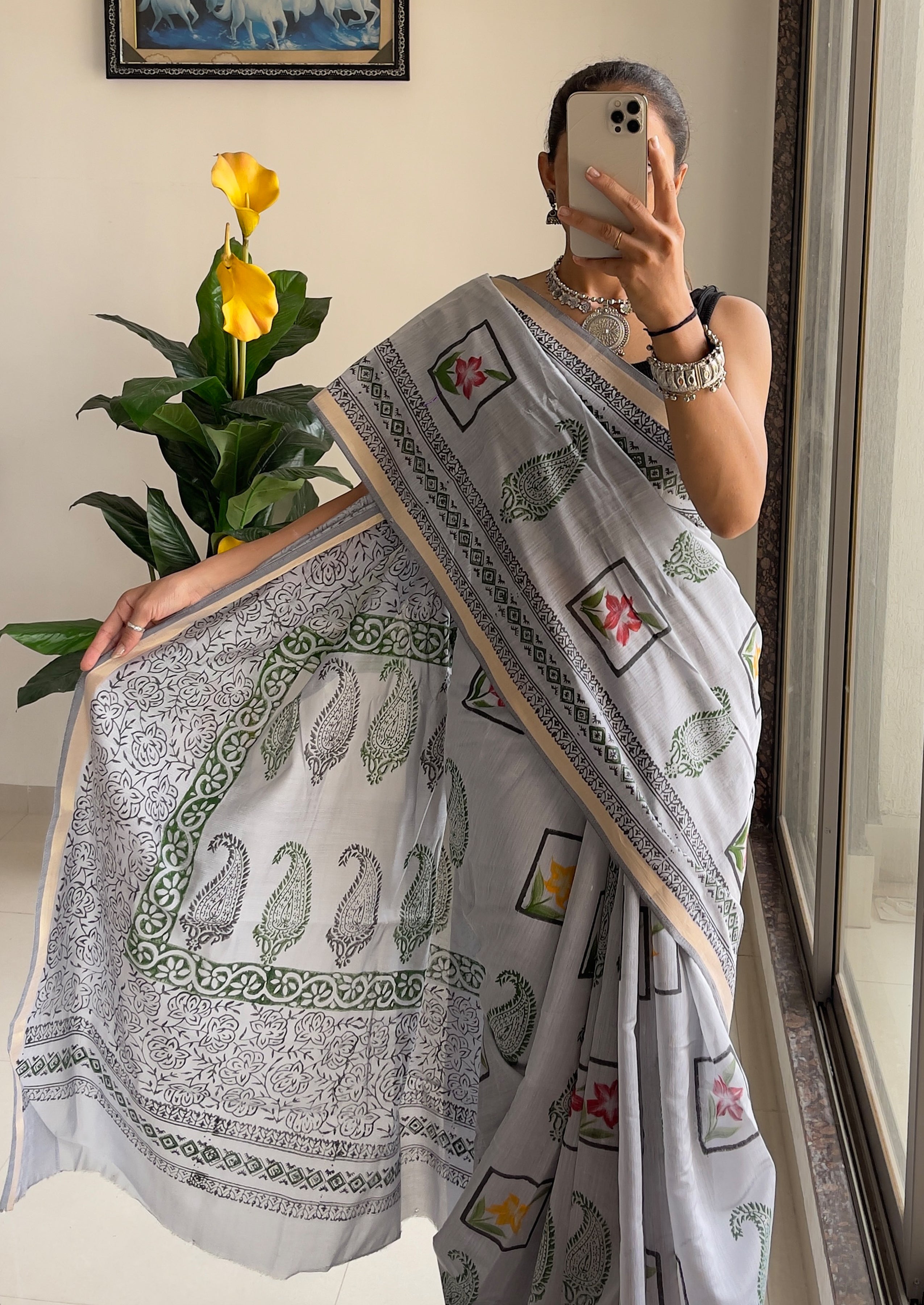 SELFI3 PRIMUM ORIGINAL LINEN WITH ZARI BODAR GREY SAREE