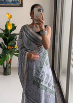 SELFI3 PRIMUM ORIGINAL LINEN WITH ZARI BODAR GREY SAREE