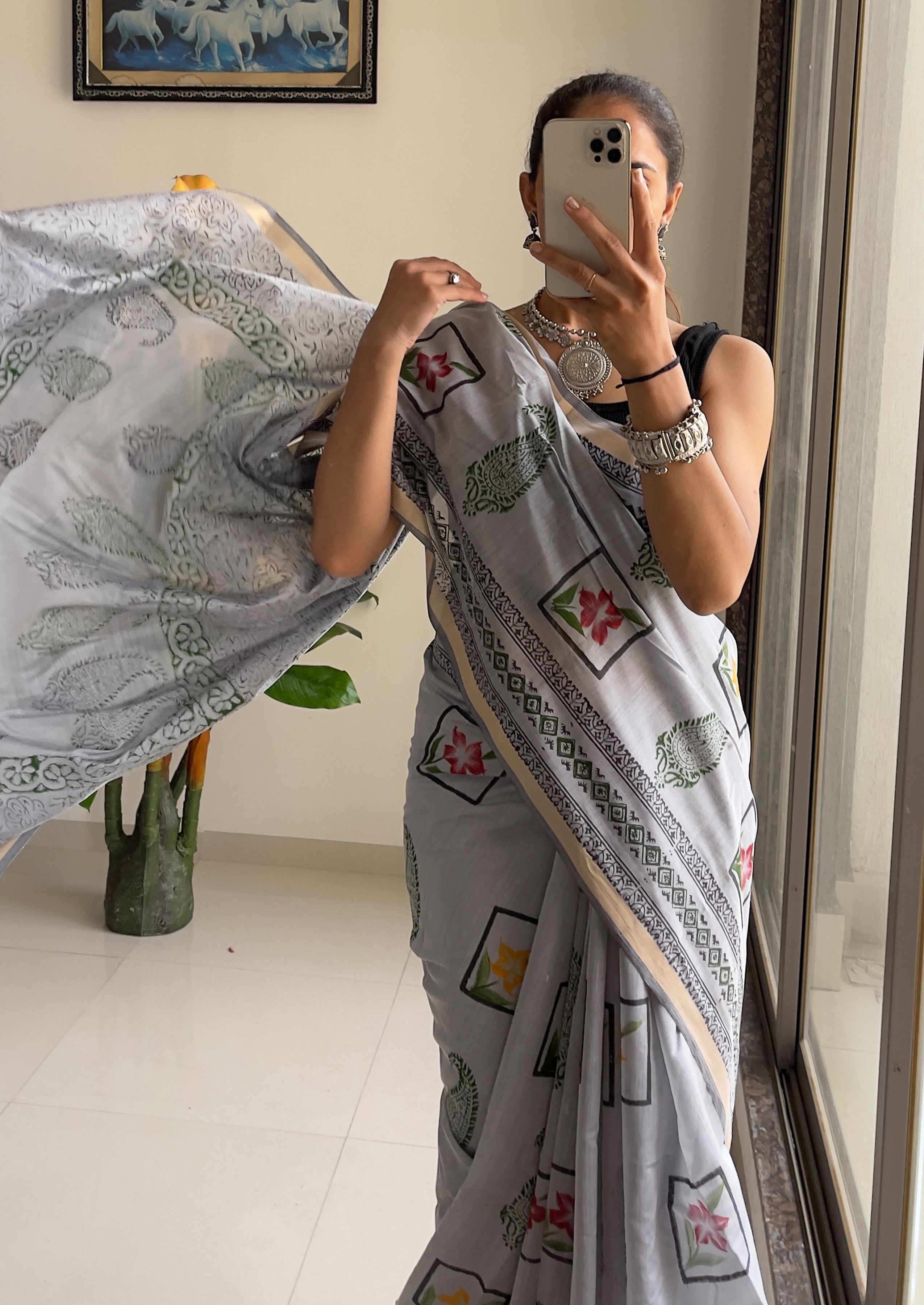 SELFI3 PRIMUM ORIGINAL LINEN WITH ZARI BODAR GREY SAREE