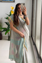 SELFI4 SOFT MASLIN COTTON WITH HEVY ZARI BODAR LIGHT GREY SAREE