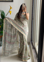 SELFI5 PRIMUM ORIGINAL LINEN WITH MANESHWARI BODAR LIGHT GREEN SAREE