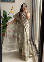 SELFI5 PRIMUM ORIGINAL LINEN WITH MANESHWARI BODAR LIGHT GREEN SAREE