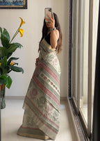 SELFI5 PRIMUM ORIGINAL LINEN WITH MANESHWARI BODAR LIGHT GREEN SAREE