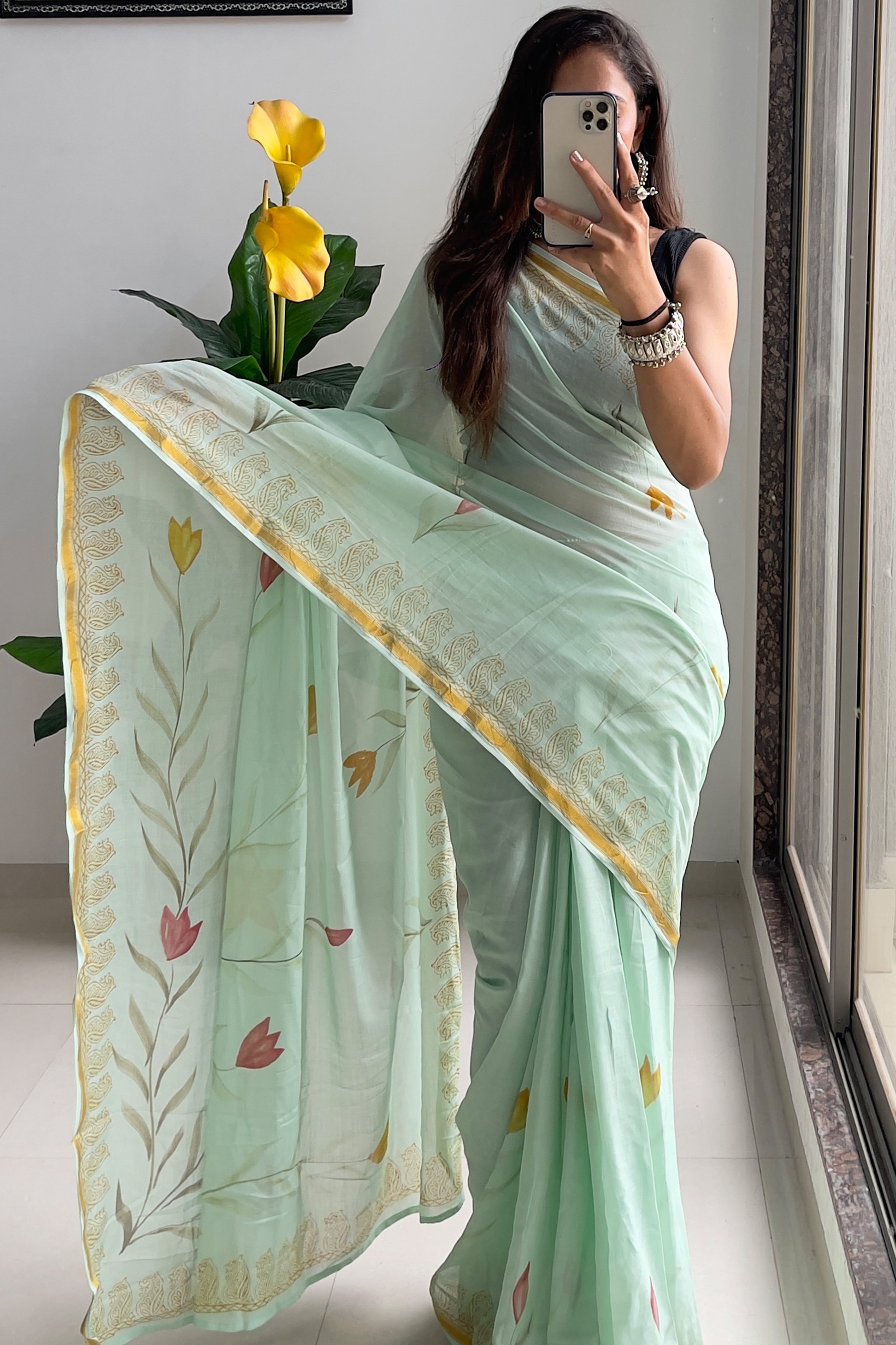 SELFI7 SOFT MASLIN COTTON WITH HEVY ZARI BODAR PISTA GREEN SAREE