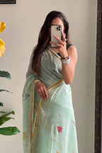 SELFI7 SOFT MASLIN COTTON WITH HEVY ZARI BODAR PISTA GREEN SAREE