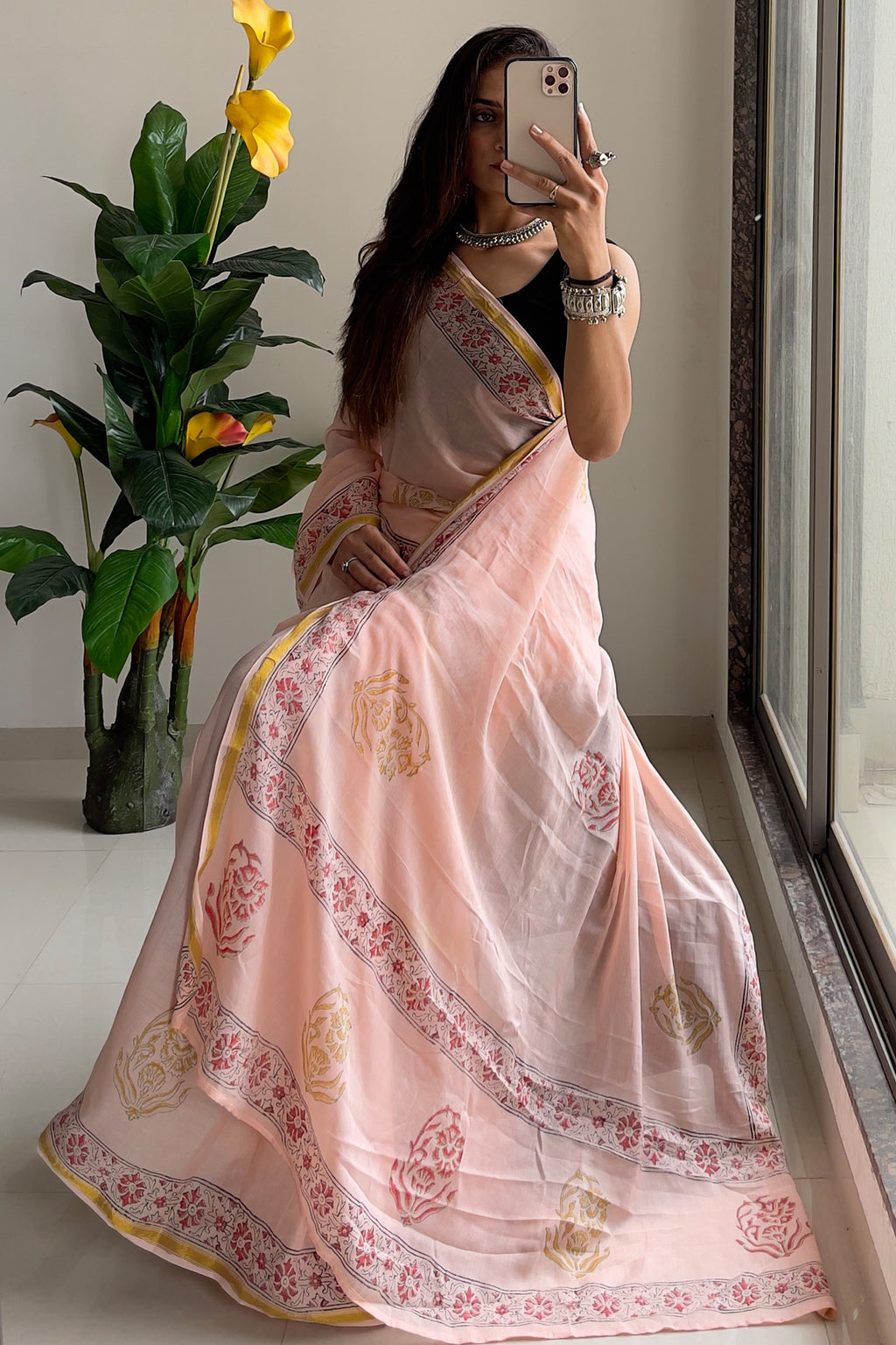 SELFI9 SOFT MASLIN COTTON WITH HEVY ZARI BODAR PINK PEACH SAREE