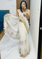 SELFI9 SOFT MASLIN COTTON WITH HEVY ZARI BODAR WHITE SAREE