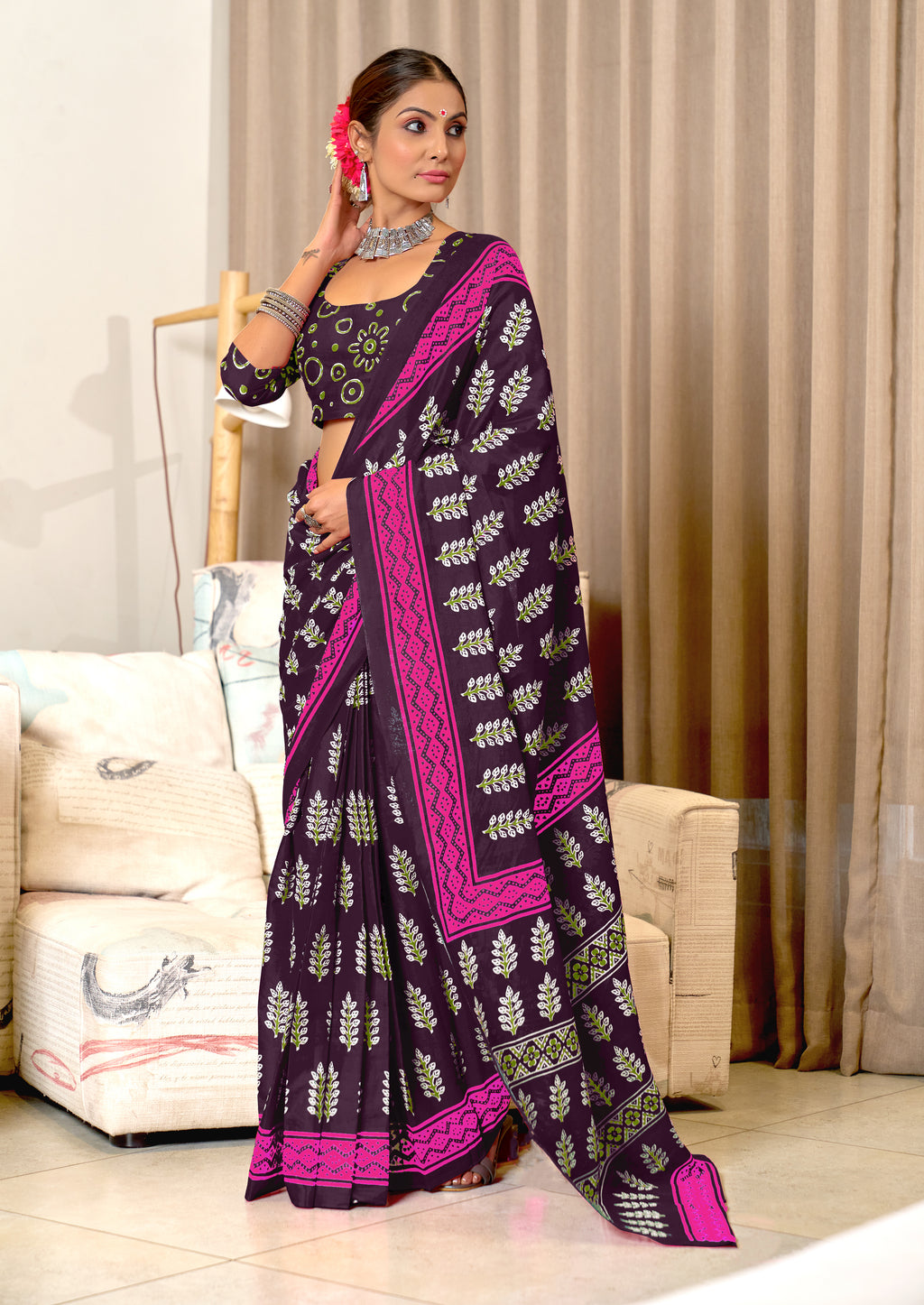 SITARA PURE MULMUL COTTON HAND BLOCK PRINTD BROWN SAREE