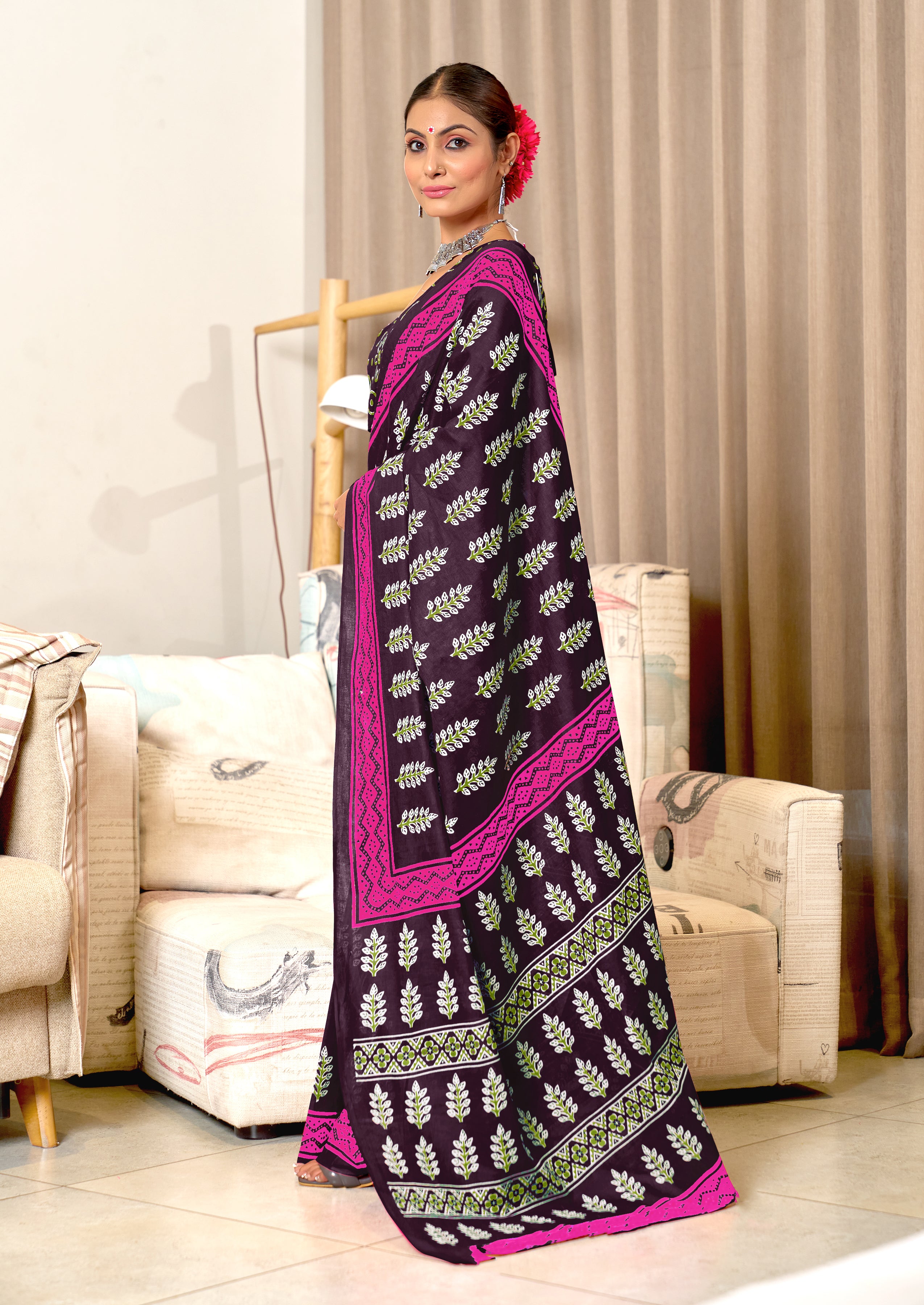 SITARA PURE MULMUL COTTON HAND BLOCK PRINTD BROWN SAREE