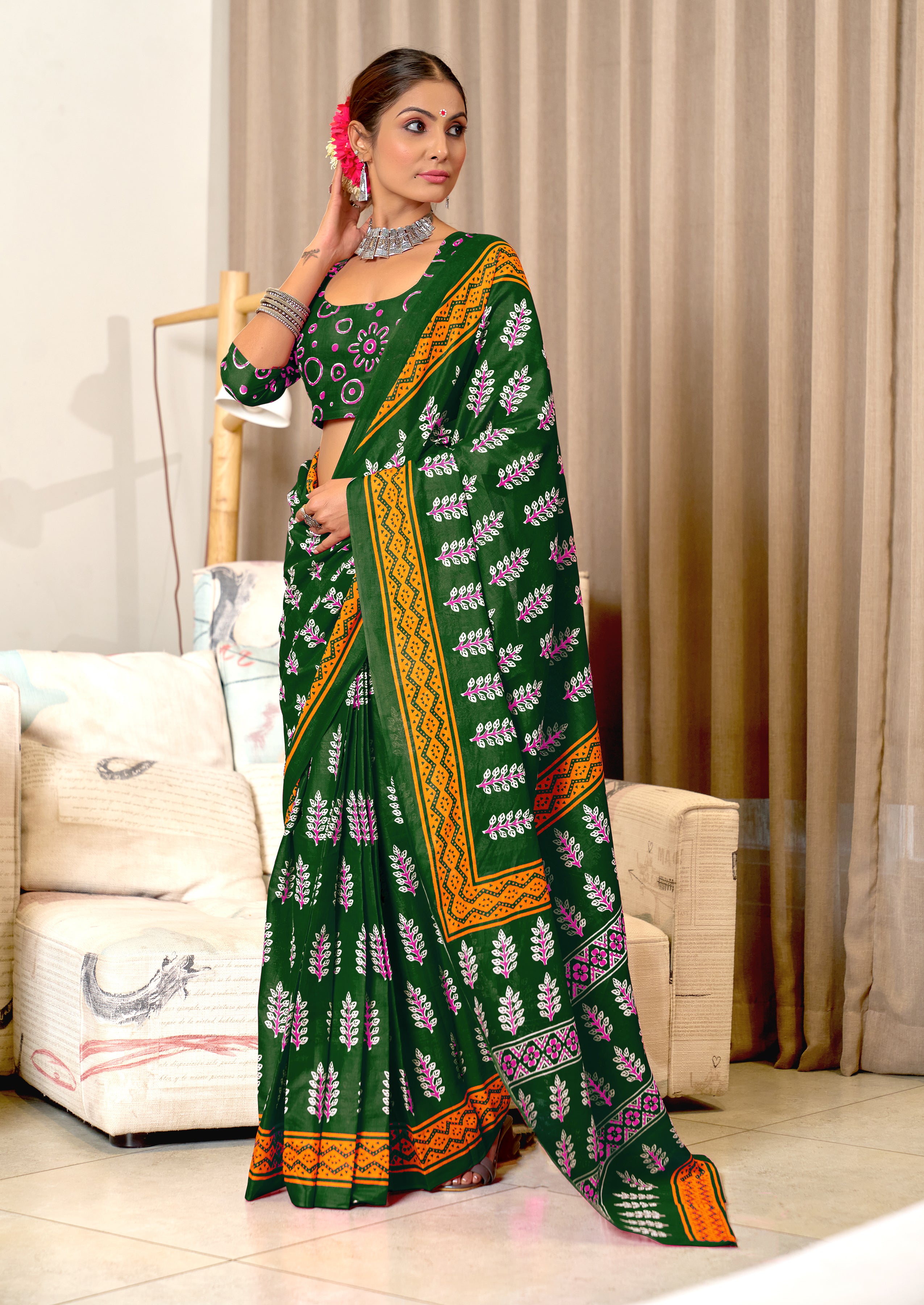 SITARA PURE MULMUL COTTON HAND BLOCK PRINTD GREEN SAREE