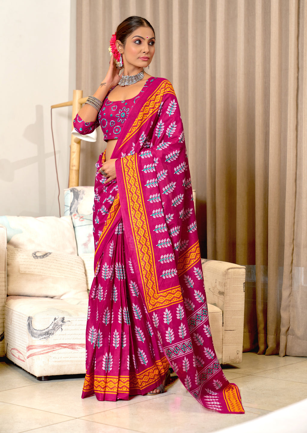 SITARA PURE MULMUL COTTON HAND BLOCK PRINTD PINK SAREE