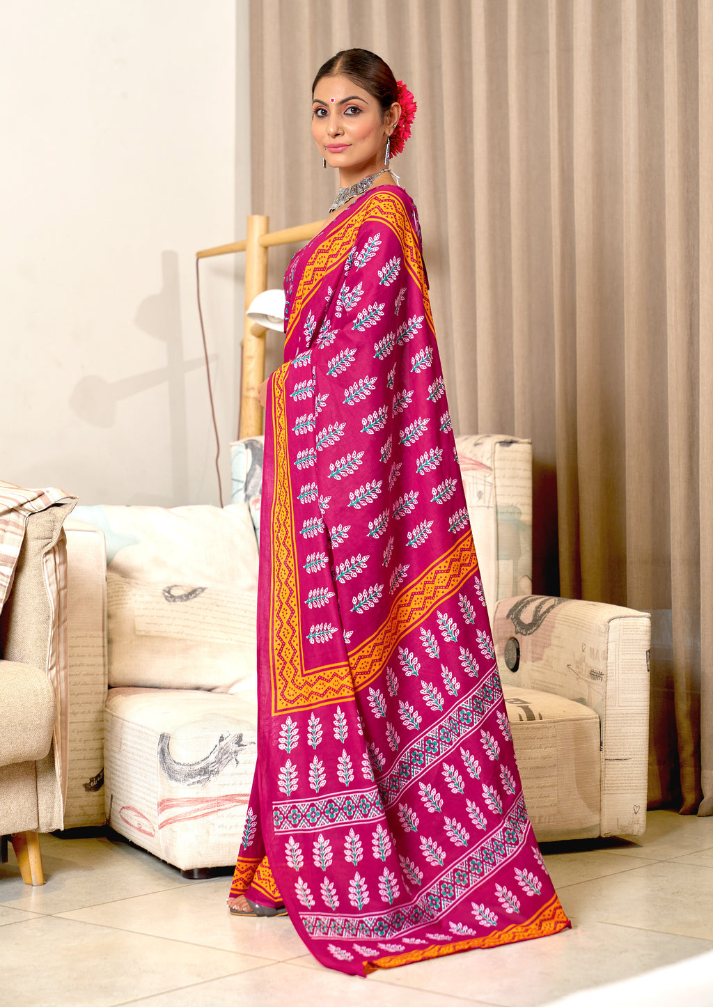 SITARA PURE MULMUL COTTON HAND BLOCK PRINTD PINK SAREE