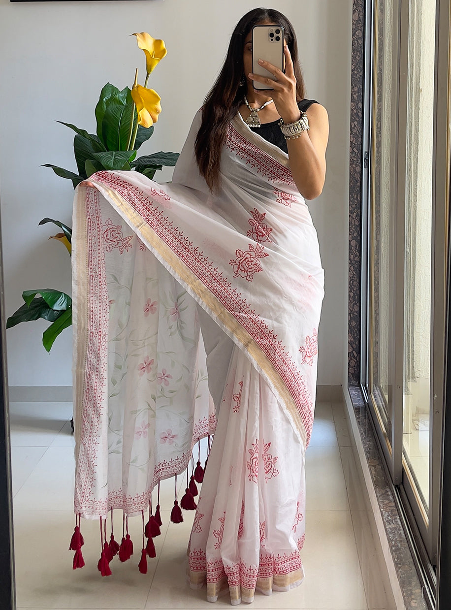 SMCPOOJA1001 PRIMUM NYLON VISCOSE HAND BLOCK ZARI BODAR RED SAREE