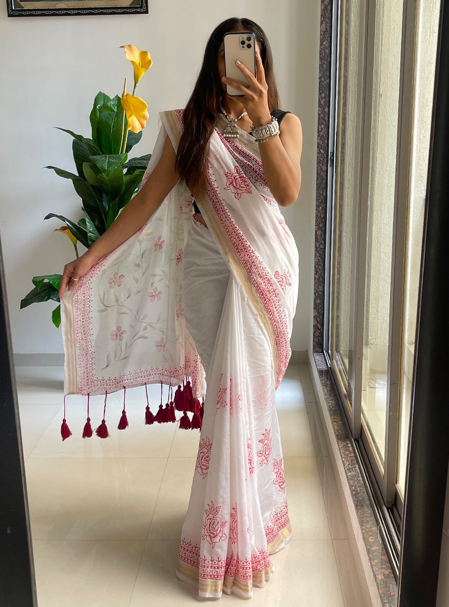 SMCPOOJA1001 PRIMUM NYLON VISCOSE HAND BLOCK ZARI BODAR RED SAREE