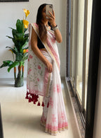 SMCPOOJA1001 PRIMUM NYLON VISCOSE HAND BLOCK ZARI BODAR RED SAREE