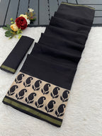 SUDHA BAGRU BLOCK PRINT SOFT MASLIN COTTON ZARI GOLDEN BORDER BLACK SAREE