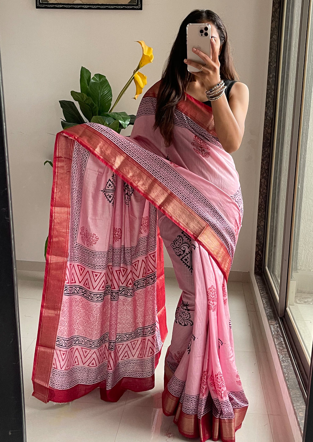 SUTRA1 NATURAL CELLULOSE NYLON AND VISCOSE HAND BLOCK SUTRA SILK BABY PINK SAREE