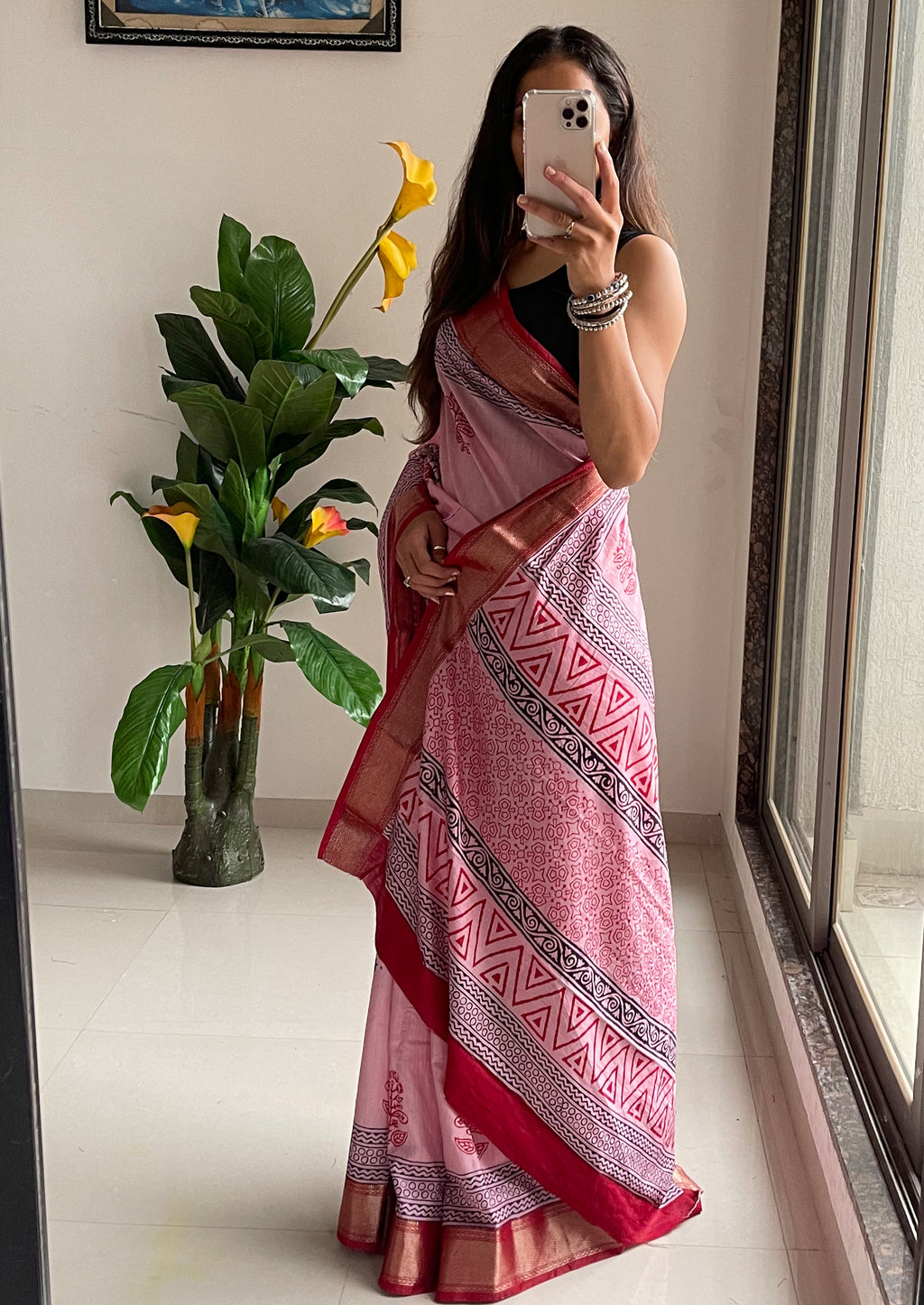 SUTRA1 NATURAL CELLULOSE NYLON AND VISCOSE HAND BLOCK SUTRA SILK BABY PINK SAREE