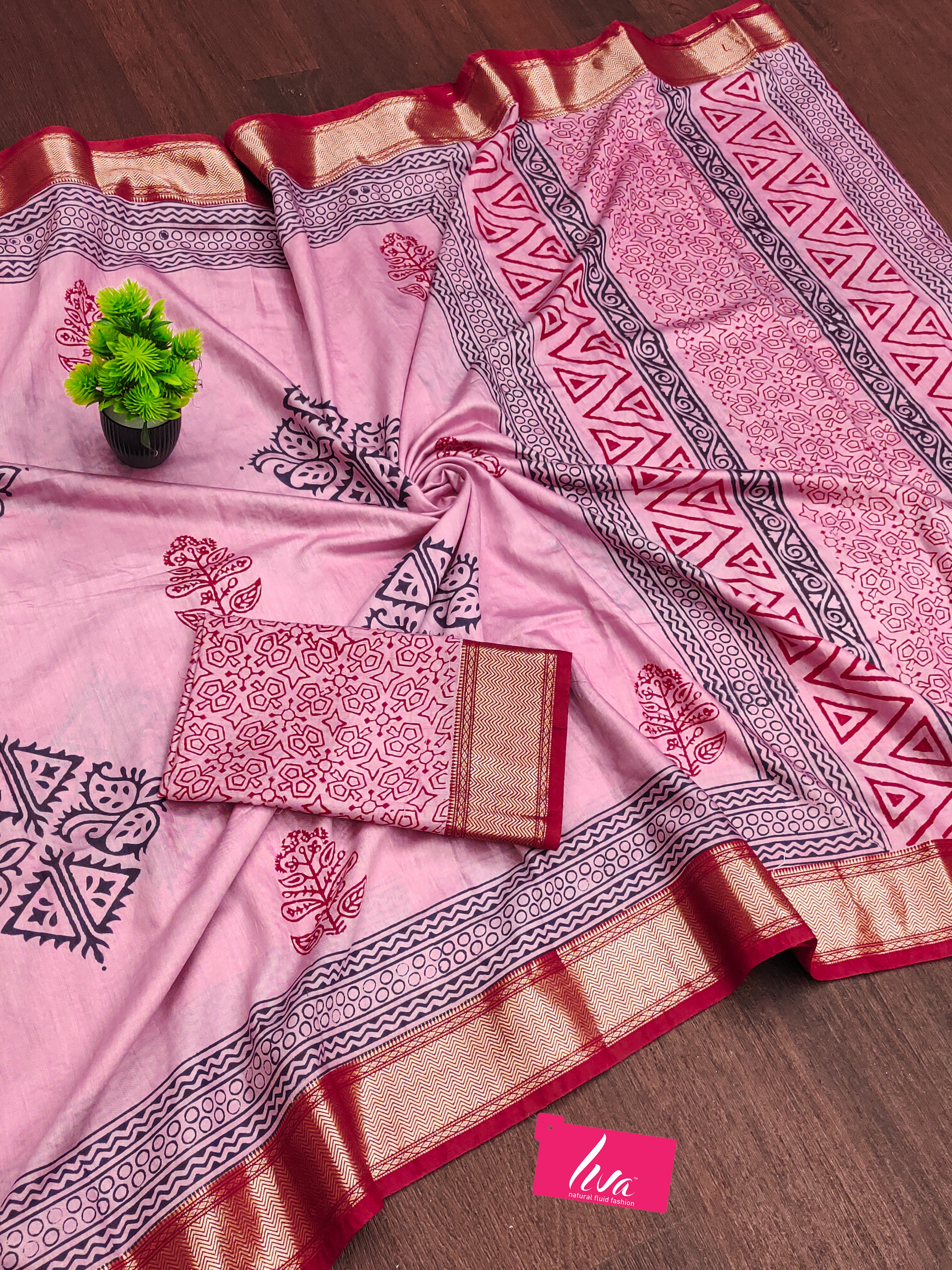 SUTRA1 NATURAL CELLULOSE NYLON AND VISCOSE HAND BLOCK SUTRA SILK BABY PINK SAREE