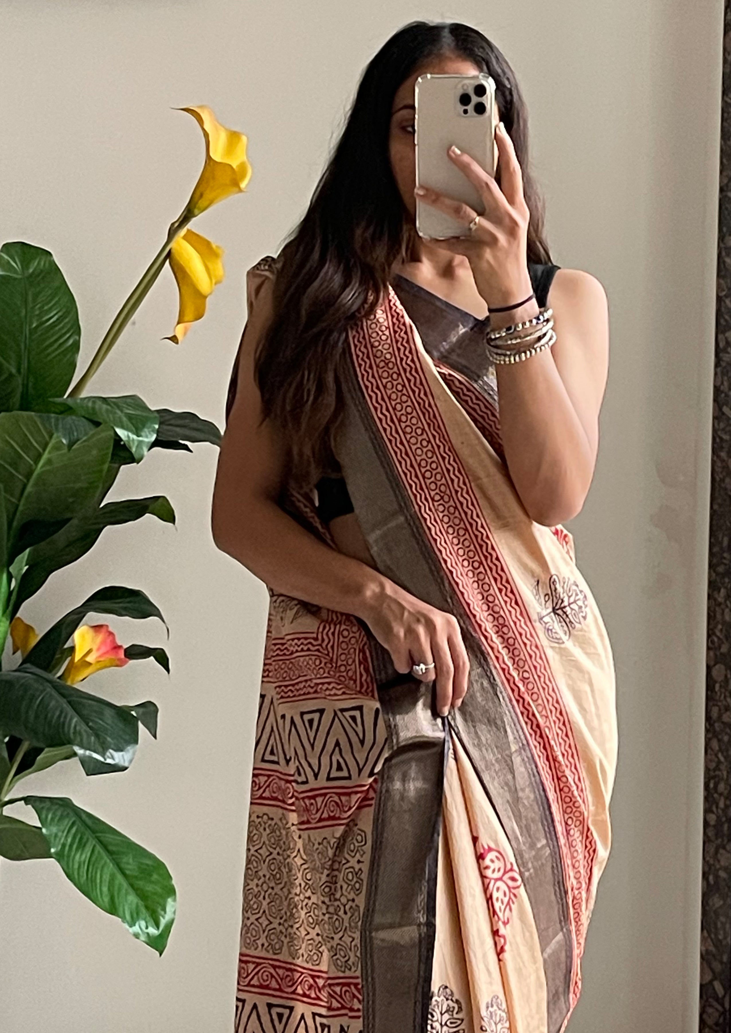 SUTRA1 NATURAL CELLULOSE NYLON AND VISCOSE HAND BLOCK SUTRA SILK BEIGE SAREE