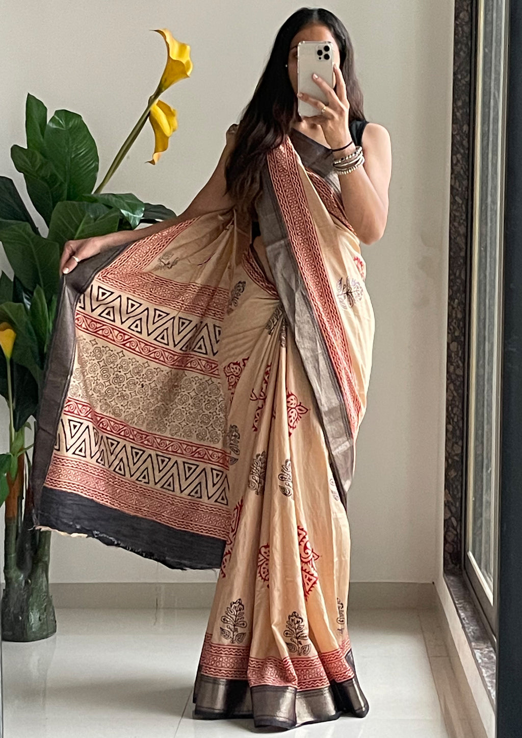 SUTRA1 NATURAL CELLULOSE NYLON AND VISCOSE HAND BLOCK SUTRA SILK BEIGE SAREE