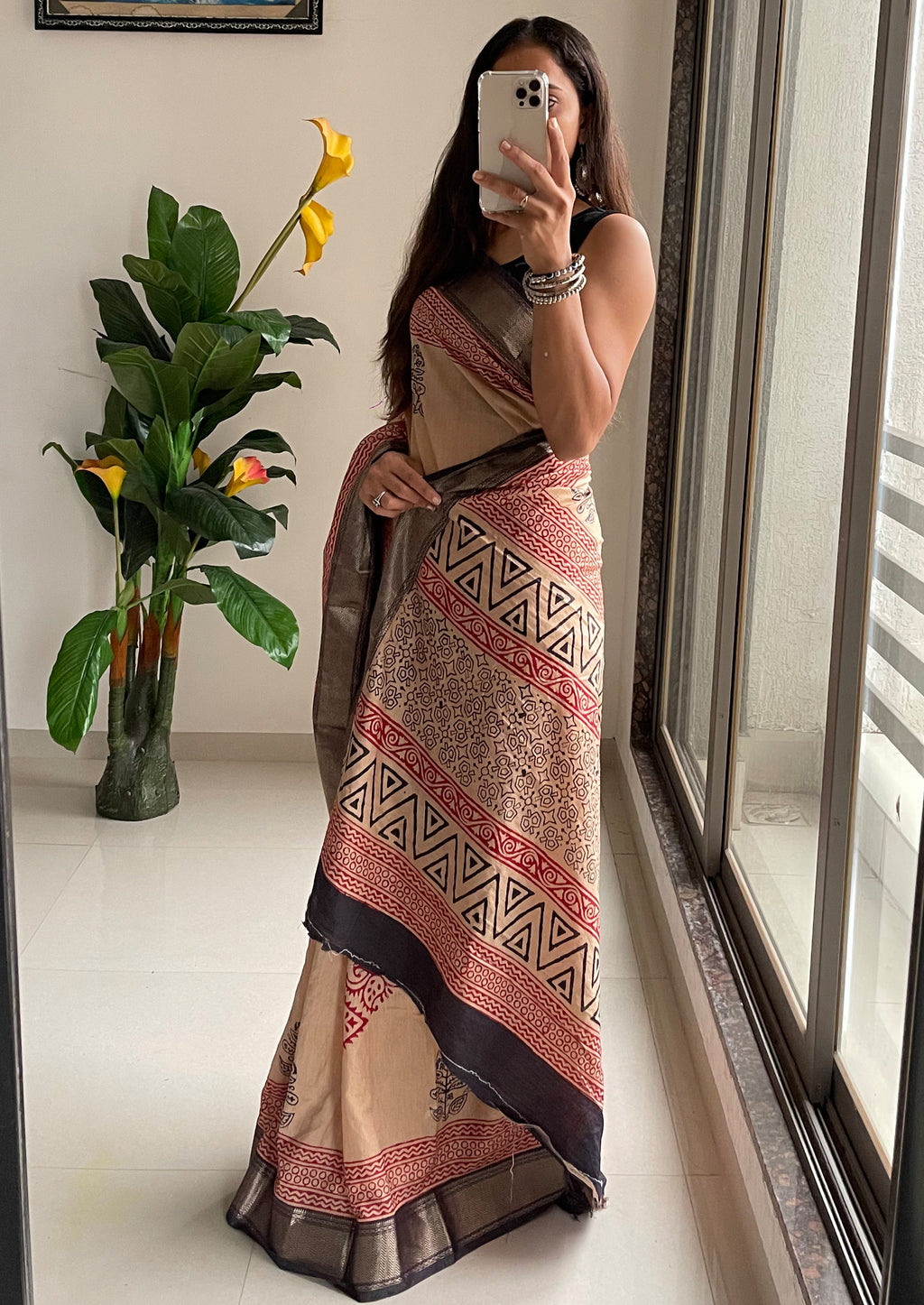 SUTRA1 NATURAL CELLULOSE NYLON AND VISCOSE HAND BLOCK SUTRA SILK BEIGE SAREE