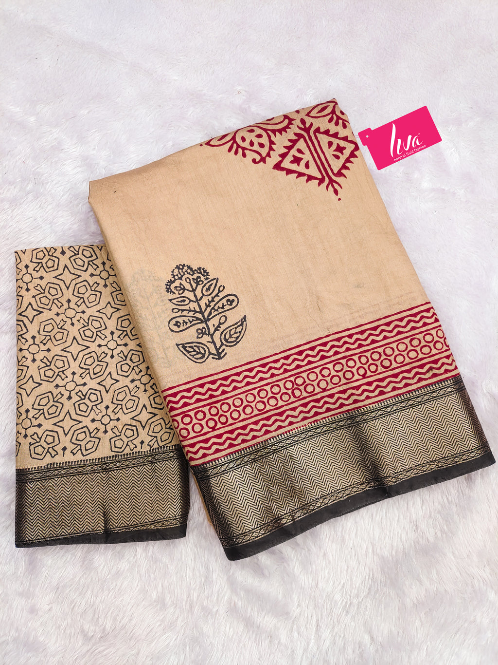 SUTRA1 NATURAL CELLULOSE NYLON AND VISCOSE HAND BLOCK SUTRA SILK BEIGE SAREE
