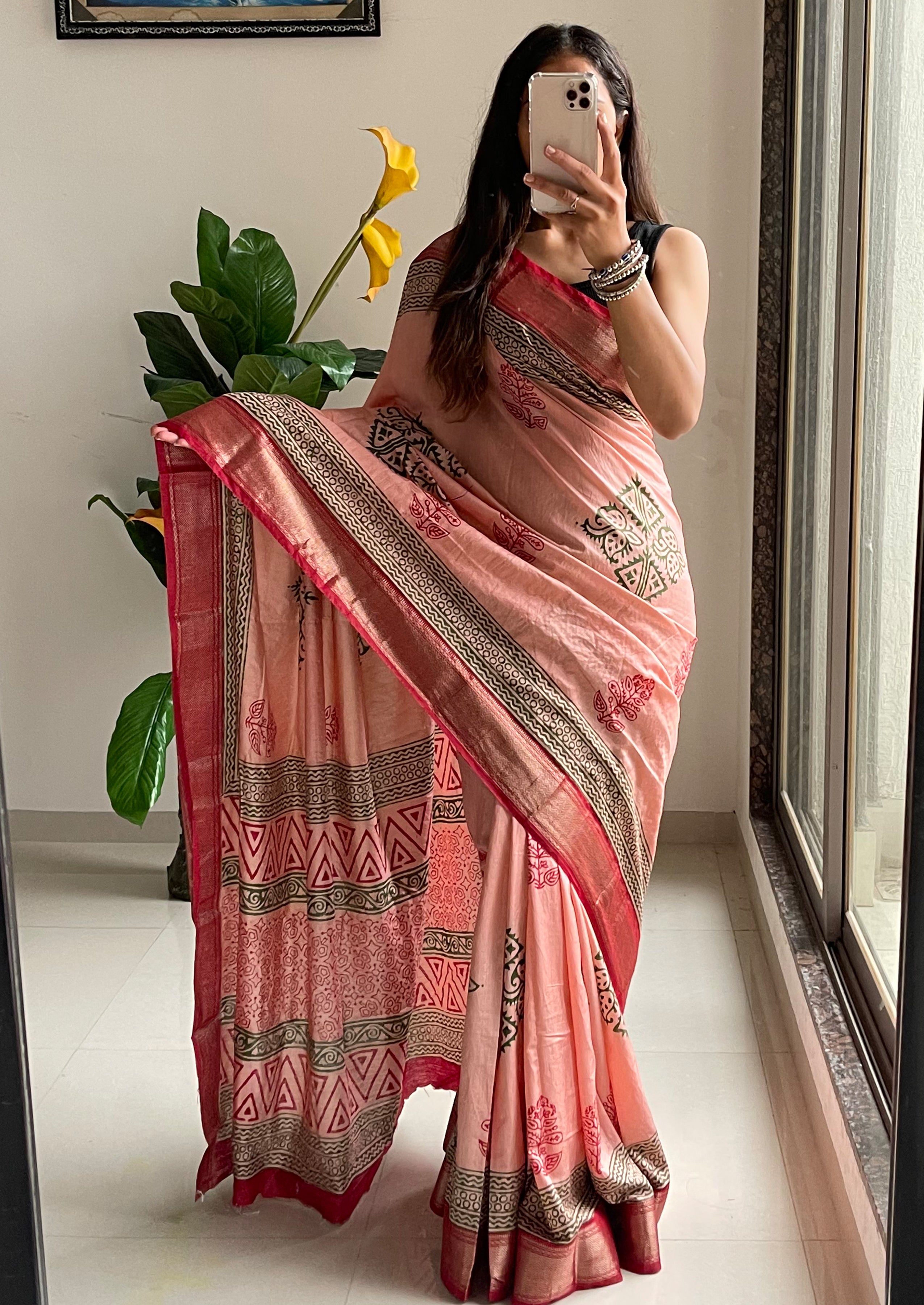 SUTRA1 NATURAL CELLULOSE NYLON AND VISCOSE HAND BLOCK SUTRA SILK DUSTY PINK SAREE