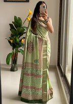 SUTRA1 NATURAL CELLULOSE NYLON AND VISCOSE HAND BLOCK SUTRA SILK PISTA GREEN SAREE