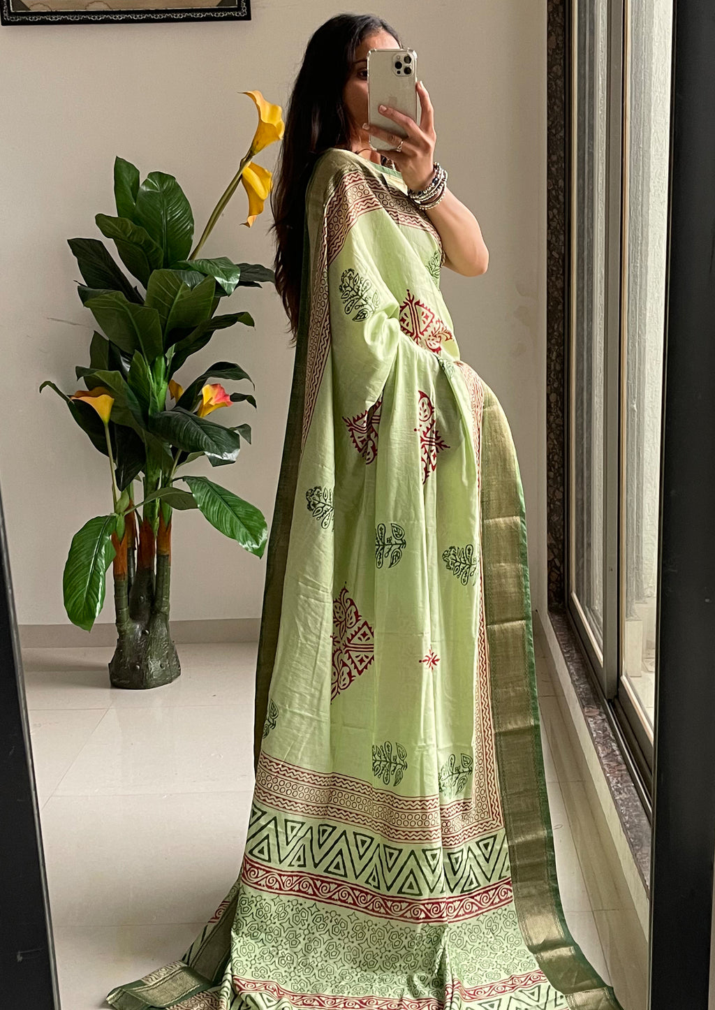 SUTRA1 NATURAL CELLULOSE NYLON AND VISCOSE HAND BLOCK SUTRA SILK PISTA GREEN SAREE