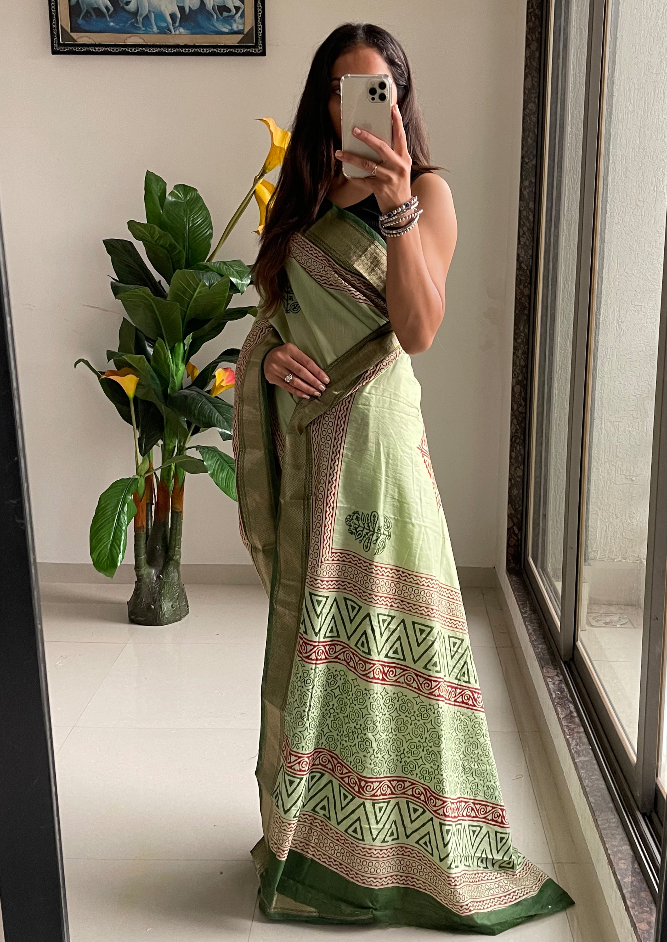 SUTRA1 NATURAL CELLULOSE NYLON AND VISCOSE HAND BLOCK SUTRA SILK PISTA GREEN SAREE
