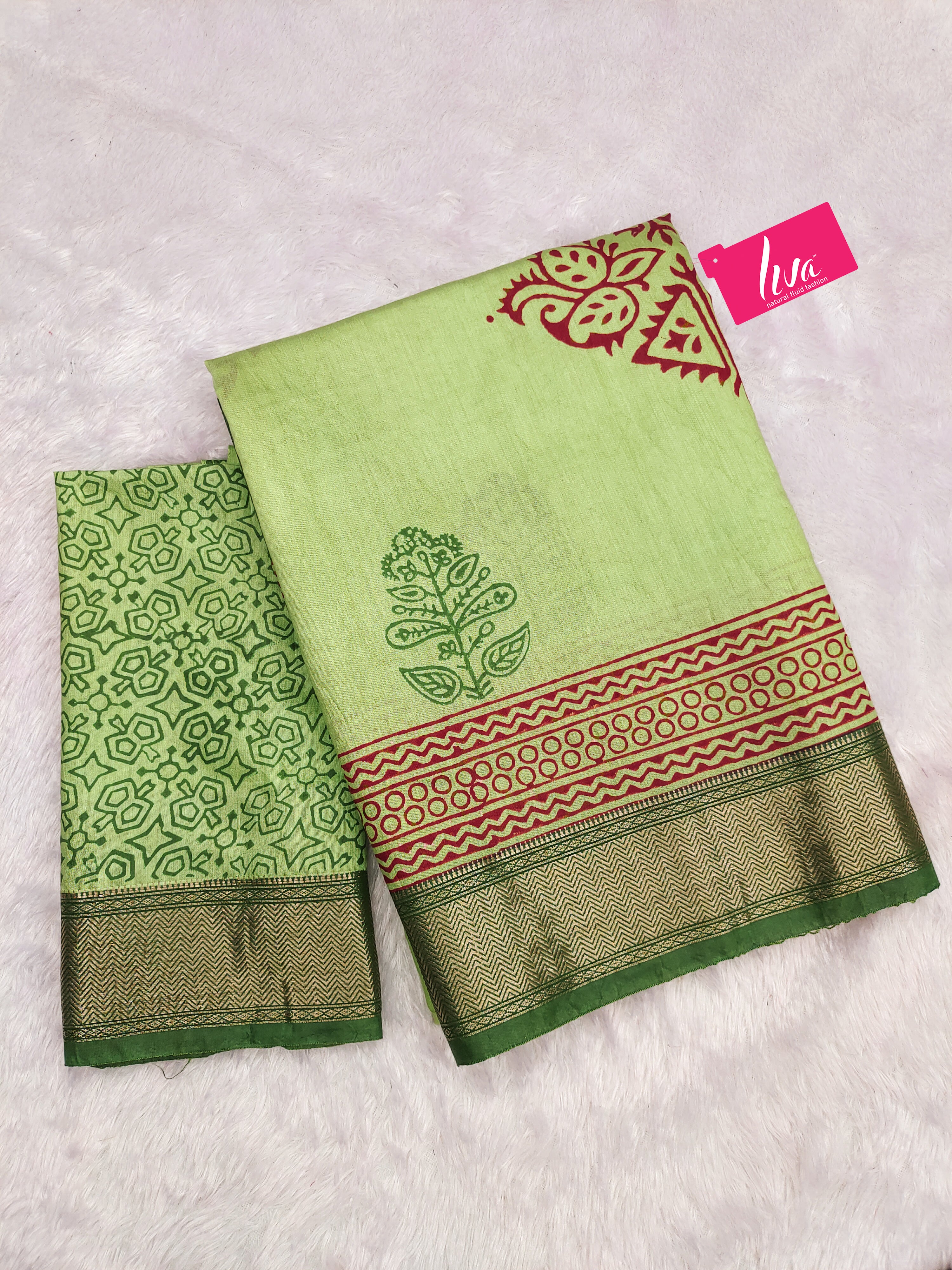 SUTRA1 NATURAL CELLULOSE NYLON AND VISCOSE HAND BLOCK SUTRA SILK PISTA GREEN SAREE