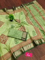 SUTRA1 NATURAL CELLULOSE NYLON AND VISCOSE HAND BLOCK SUTRA SILK PISTA GREEN SAREE