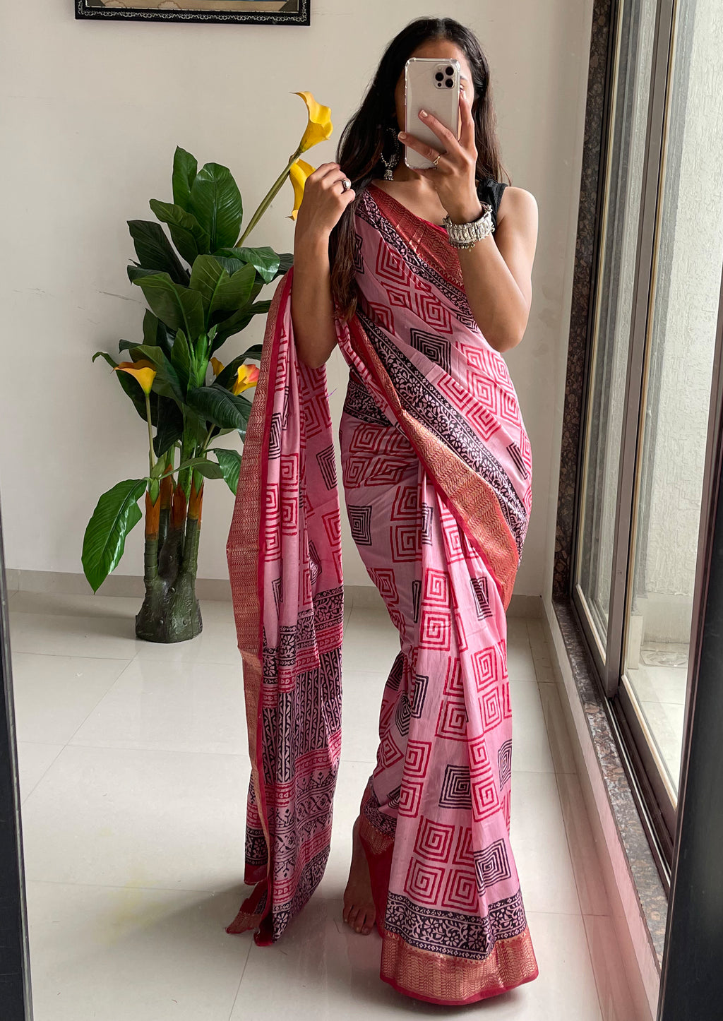 SUTRA2 NATURAL CELLULOSE NYLON AND VISCOSE HAND BLOCK SUTRA SILK BABY PINK SAREE