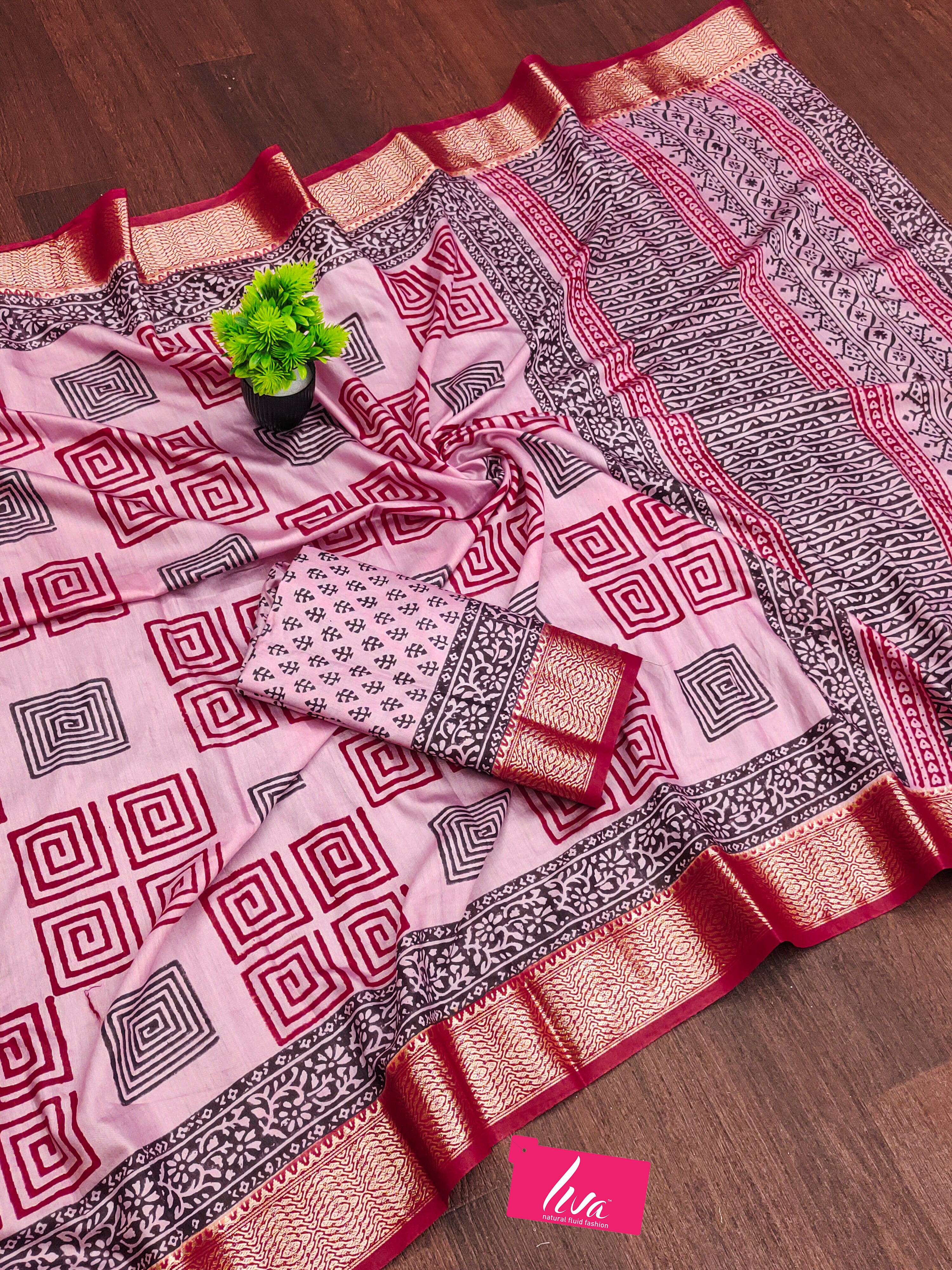 SUTRA2 NATURAL CELLULOSE NYLON AND VISCOSE HAND BLOCK SUTRA SILK BABY PINK SAREE