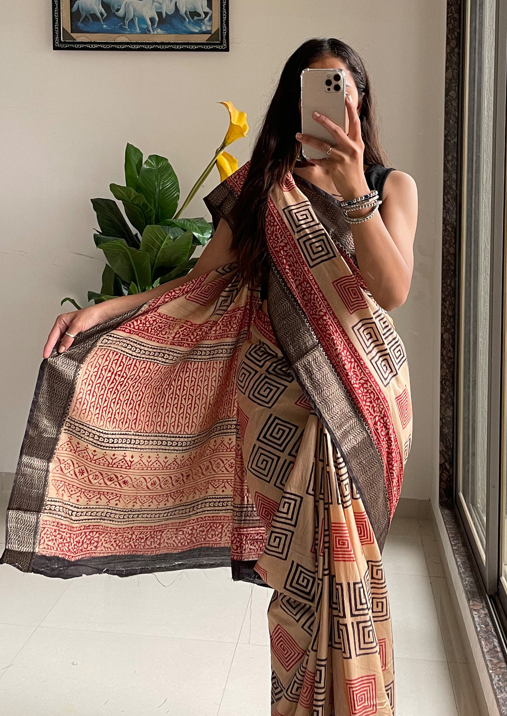 SUTRA2 NATURAL CELLULOSE NYLON AND VISCOSE HAND BLOCK SUTRA SILK BEIGE SAREE