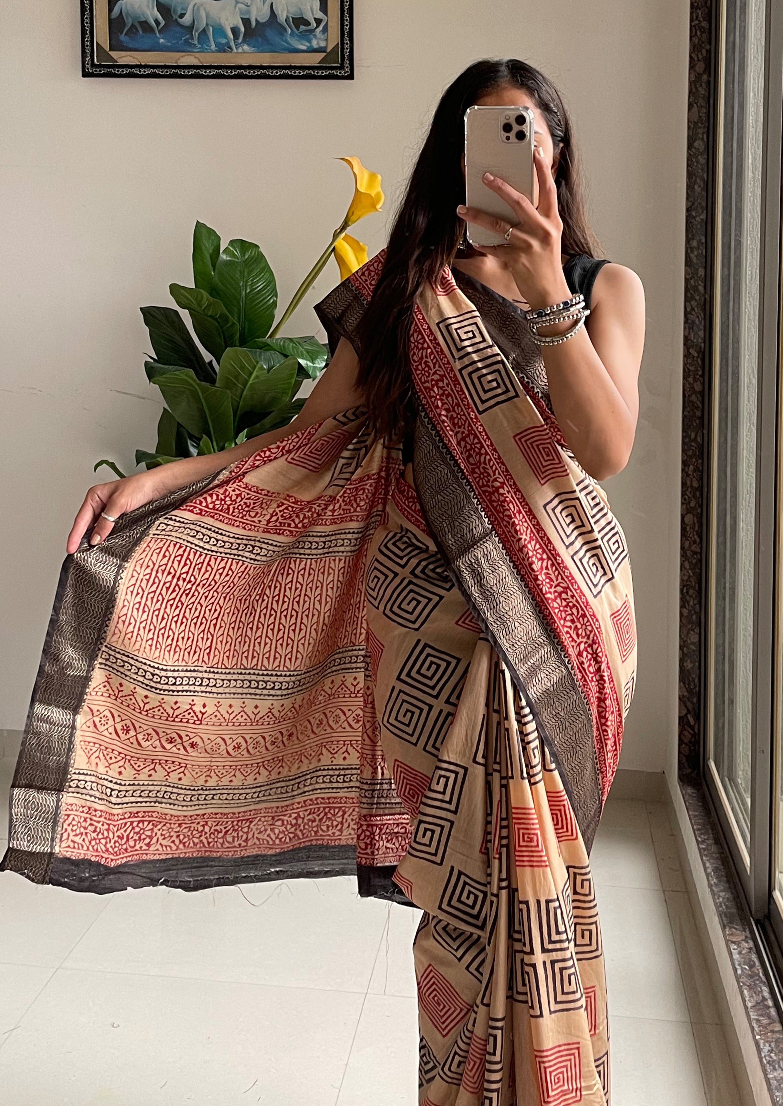 SUTRA2 NATURAL CELLULOSE NYLON AND VISCOSE HAND BLOCK SUTRA SILK BEIGE SAREE